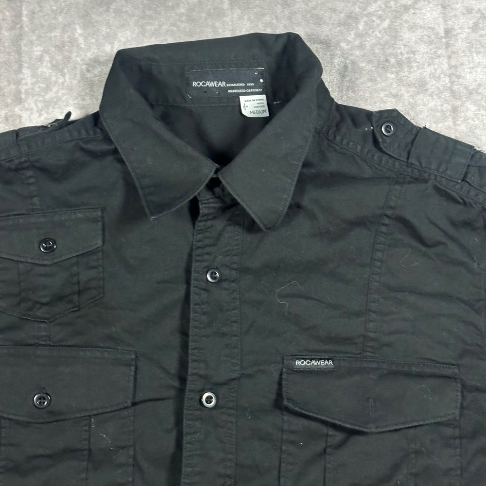 Rocawear Men M Black Military Button Down Shirt Epaulets Y2K Streetwear Techwear - Picture 3 of 7